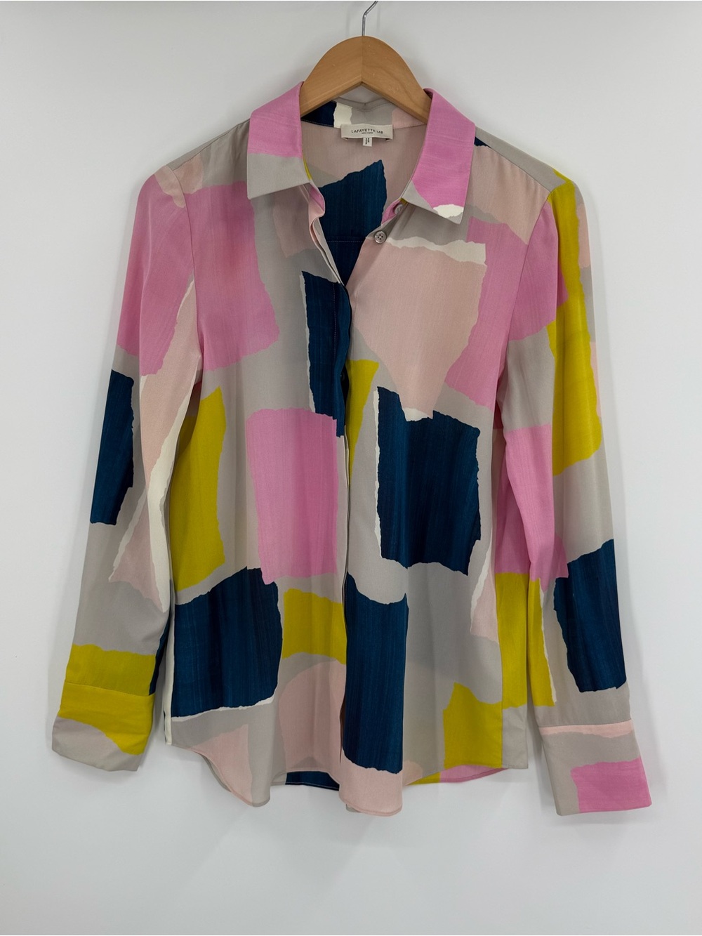 Lafayette 148 Papier Print Silk Crepe de Chine Blouse | Grey Mist Multi | S